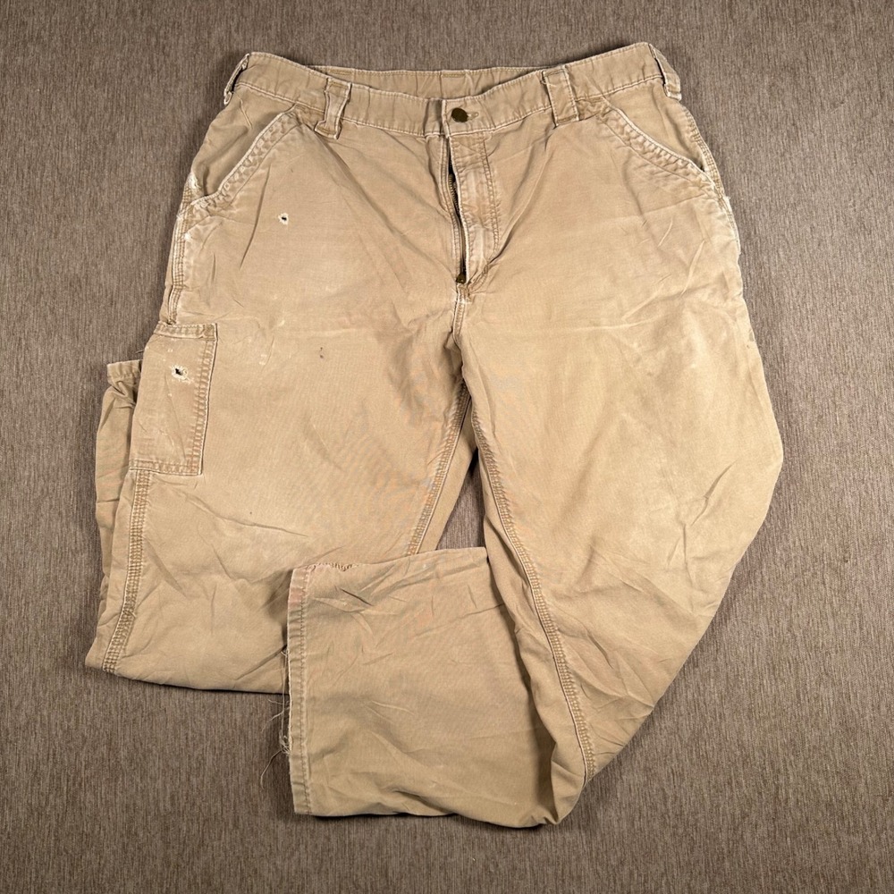 Carhartt B151 DKH Dungaree Fit Khaki Duck Canvas Work Pants 38x30 Distressed
